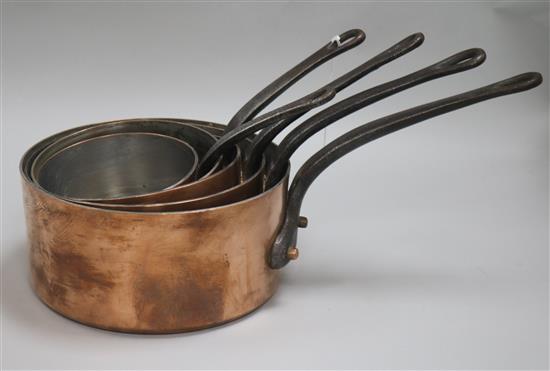 A set of five graduated copper saucepans